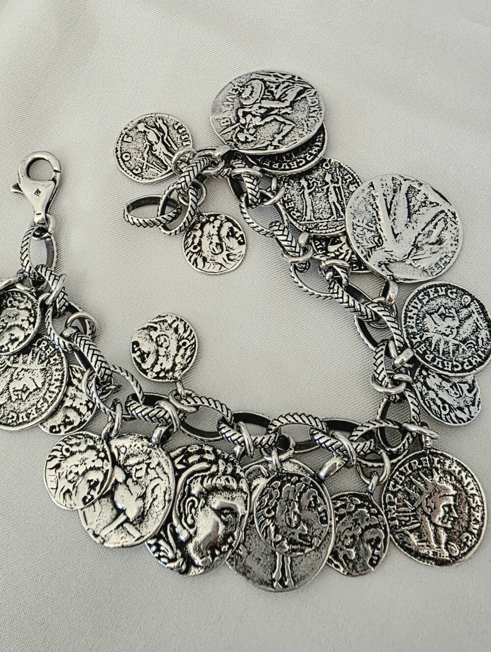 Silpada Oxidized Sterling Silver Roman Coin Cha Cha Charm Bracelet B1624 Heavy!